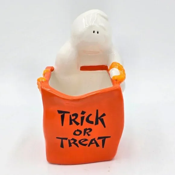 Vintage American Greetings Ghost "Trick Or Treat" Ceramic Candle Votive Holder - Picture 1 of 12